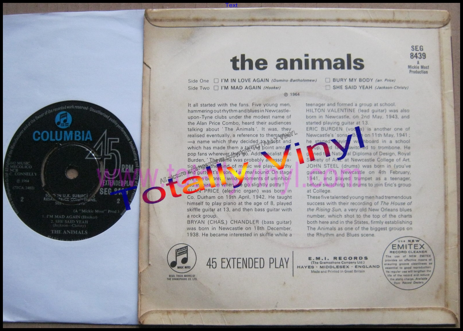 Totally Vinyl Records || Animals, The - The Animals EP:I'm in love again/I'm  mad again/Bury my body/She said yeah 7 inch Picture Cover