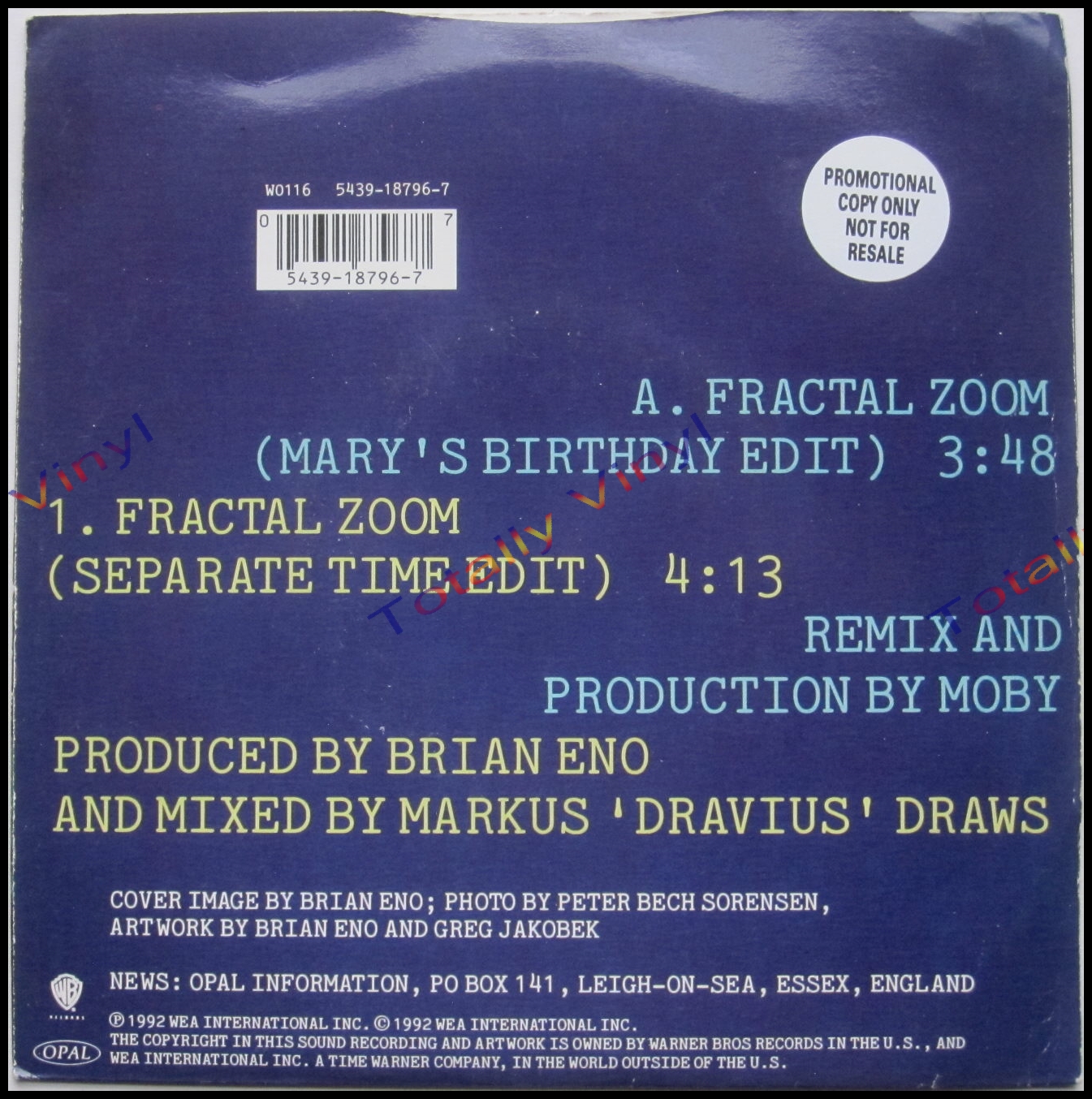 Totally Vinyl Records || Eno, Brian - Fractal zoom (mary's birthday  edit-3.48) / Fractal zoom (separate time edit-4.13) 7 inch Picture Cover  Pre Release